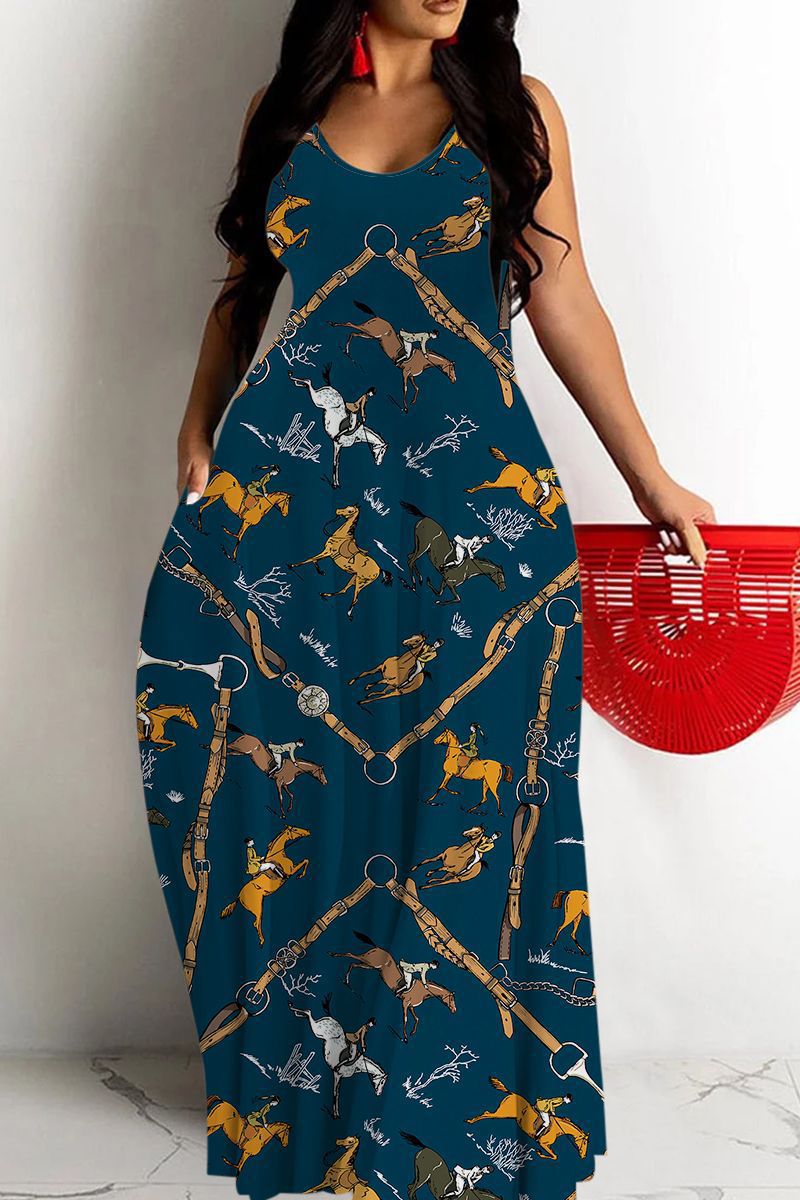 CM | Maxivestido de mujer - Corte vaporoso - Escote en pico - Tirantes finos - Estampado abstracto