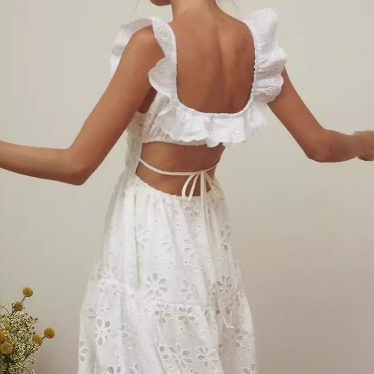 CM | Vestido largo de mujer - Ojal de algodón - Corpiño fruncido - Tirantes fruncidos - Abertura alta