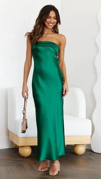 CM | maxi vestido de señora - satén sin tirantes - corte entallado - traje de noche formal