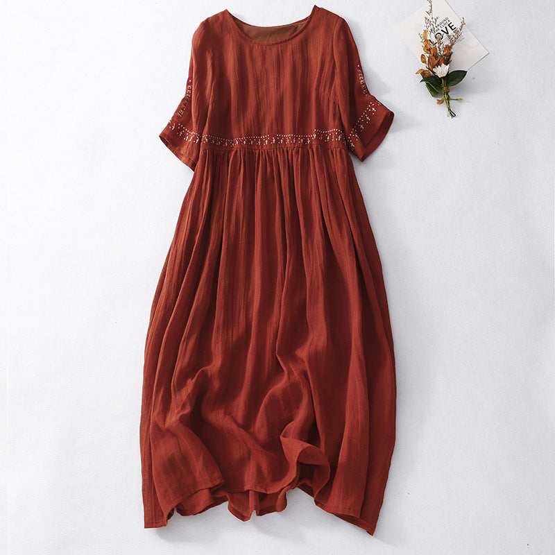 CM | Maxivestido de mujer - Corte relajado - Algodón - Manga corta - Encaje en la cintura