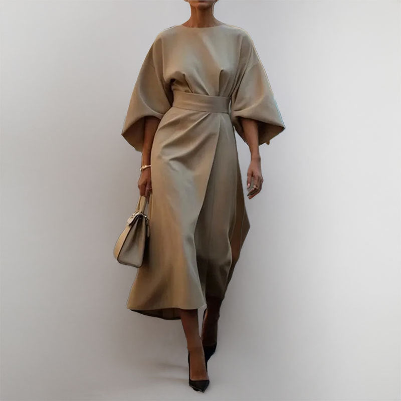 CM | Vestido largo para mujer - aspecto satinado - mangas murciélago - corte entallado - silueta drapeada