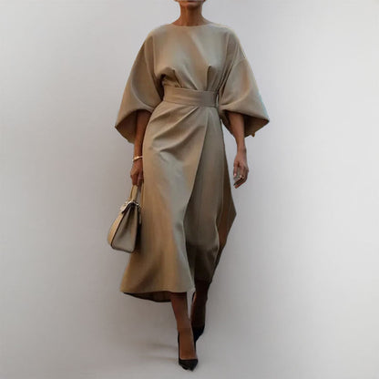 CM | Vestido largo para mujer - aspecto satinado - mangas murciélago - corte entallado - silueta drapeada