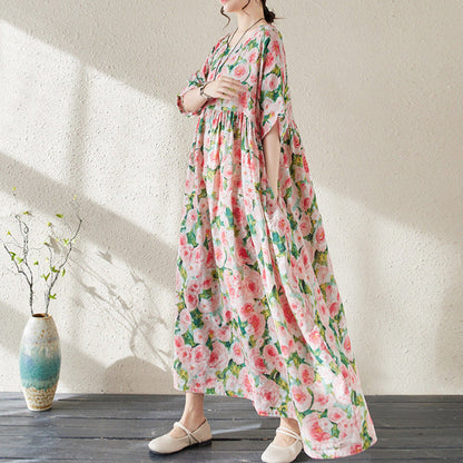 CM | maxi vestido de mujer - estampado floral - corte holgado - algodón ligero - mangas 3/4