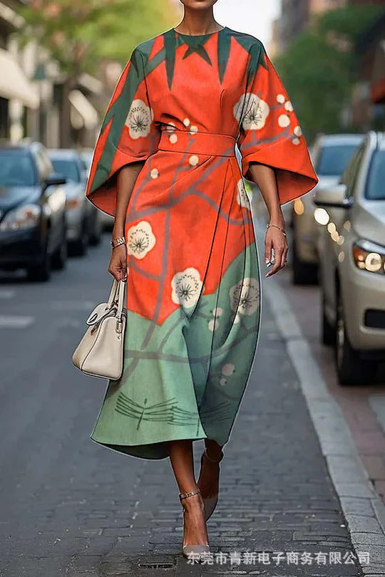 CM | Vestido midi mujer - línea A - mangas kimono - estampado floral