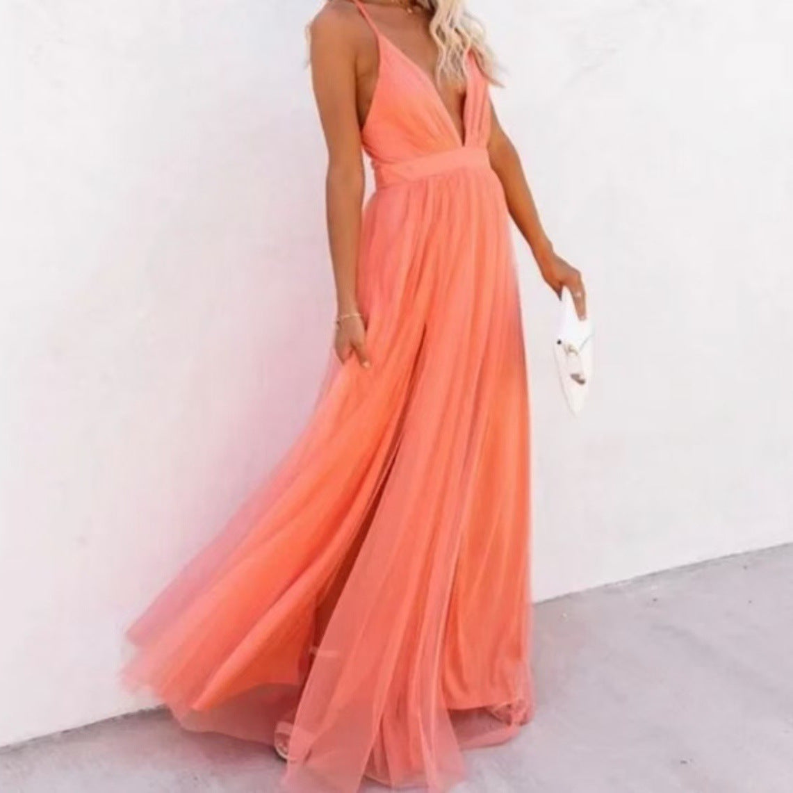 CM | Maxi vestido de mujer - Cuello en V sin mangas - Cintura ceñida - Corte ligero y elegante