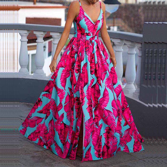 CM | maxi vestido de mujer - línea A - tirantes espagueti - escote pronunciado - diseño estampado