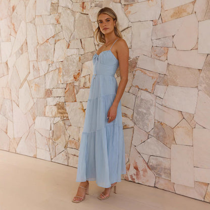 CM | Vestido largo para mujer - línea A - tirantes espagueti - falda escalonada - espalda abierta - tejido vaporoso