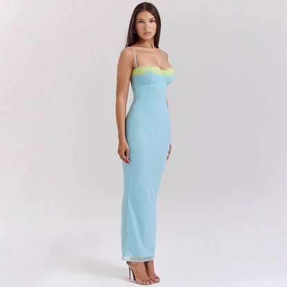 CM | maxi vestido de mujer - entallado - ribete de encaje - corpiño - tirantes finos - bajo transparente