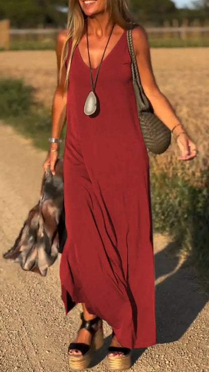 CM | maxi vestido de mujer - cuello en V - corte relajado - mezcla de algodón - diseño sin tirantes