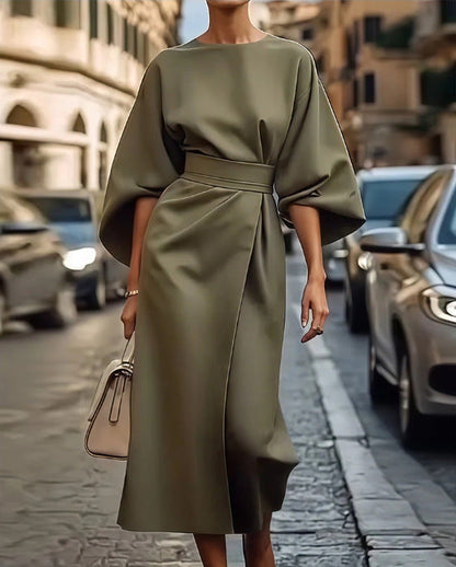 CM | Vestido largo para mujer - Tacto satinado - Mangas murciélago - Corte drapeado - Cinturón en la cintura