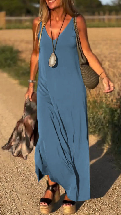 CM | maxi vestido de mujer - cuello en V - corte relajado - mezcla de algodón - diseño sin tirantes