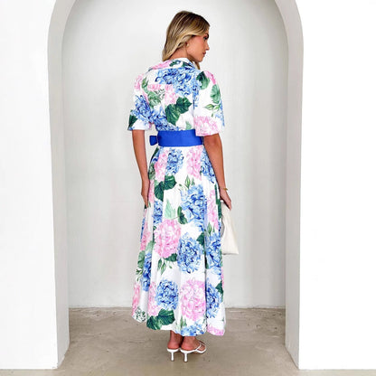 CM | maxi vestido de mujer - línea A - mangas cortas - estampado floral - cintura atada estilo boho