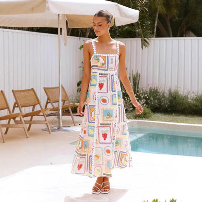 CM | Maxivestido de mujer - Estampado geométrico - Ribete de encaje - Corte fluido sin mangas