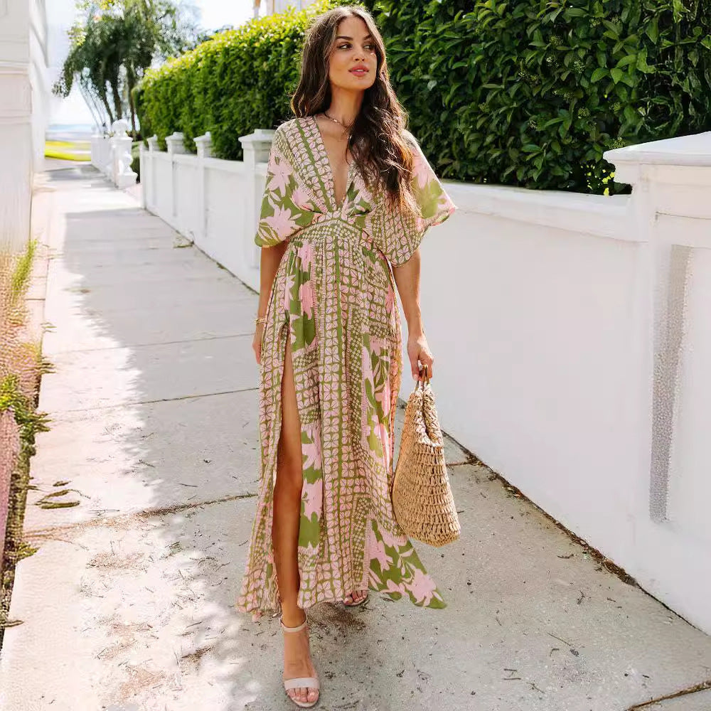 CM | maxi vestido de mujer - estampado floral - cuello en V envolvente - cintura alta - abertura lateral - mangas cortas