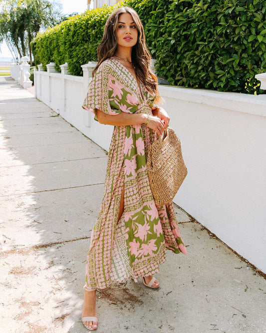 CM | maxi vestido de mujer - estampado floral - cuello en V envolvente - cintura alta - abertura lateral - mangas cortas