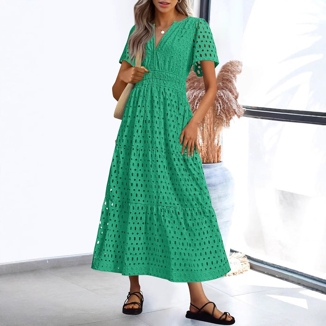 CM | Vestido largo para mujer - Encaje bordado - Cuello en V - Cintura elástica - Mangas cortas fluidas