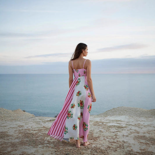 CM | Maxivestido de mujer - Algodón ligero - Corte vaporoso - Tirantes finos - Estampado artístico