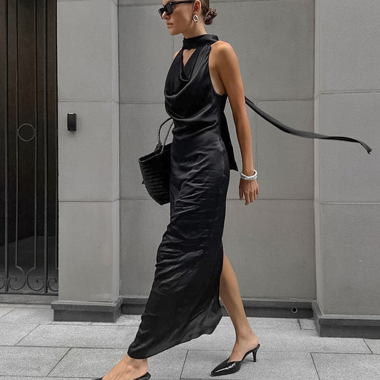 CM | Vestido midi de mujer con cuello haltern - Raso - Corte entallado - Escote drapeado - Traje formal