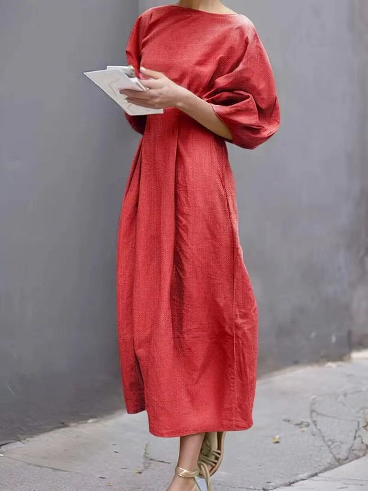 CM | Vestido largo para mujer - mangas abullonadas - corte holgado - escote redondo - ropa casual ligera