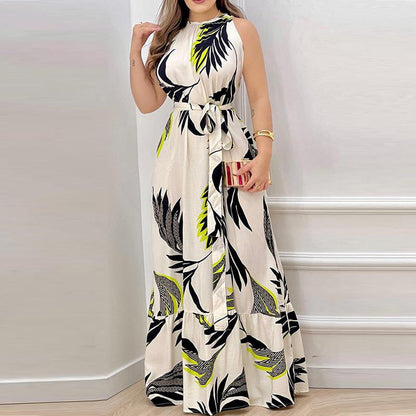 CM | Ladies Vestido maxi halter - estampado floral - dobladillo fruncido - lazo en la cintura - corte elegante