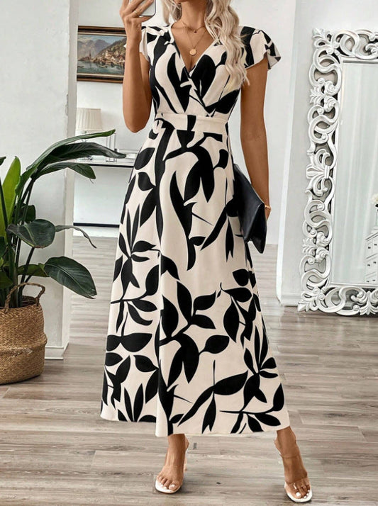 CM | maxi vestido de mujer - corpiño envolvente con cuello en V - estampado floral - corte acampanado - mangas casquillo