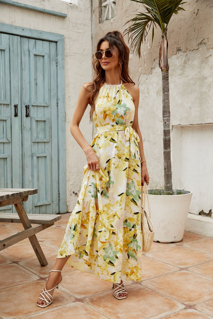 CM | Maxivestido de mujer - Mezcla ligera de algodón - Cuello halter - Falda con vuelo - Cintura ajustable