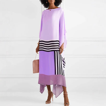 CM | Vestido maxi de mujer - un hombro - corte holgado - dobladillo asimétrico - inserciones de rayas