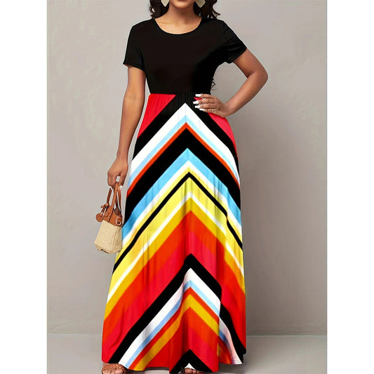 CM | maxi vestido de mujer - corte en A - falda chevron - mangas cortas