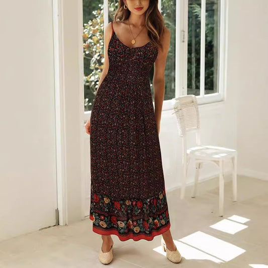 CM | maxi vestido de mujer - estampado floral - cuello en V con tirantes - corte boho fluido - material ligero