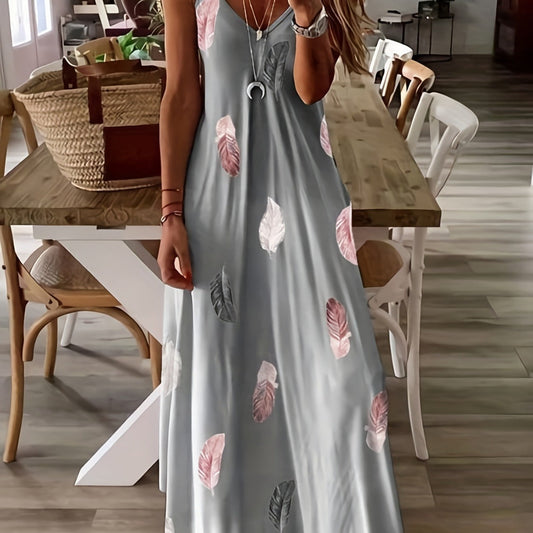 CM | Maxivestido de mujer - Estampado de hojas - Corte relajado - Cuello en V sin mangas - Mezcla transpirable