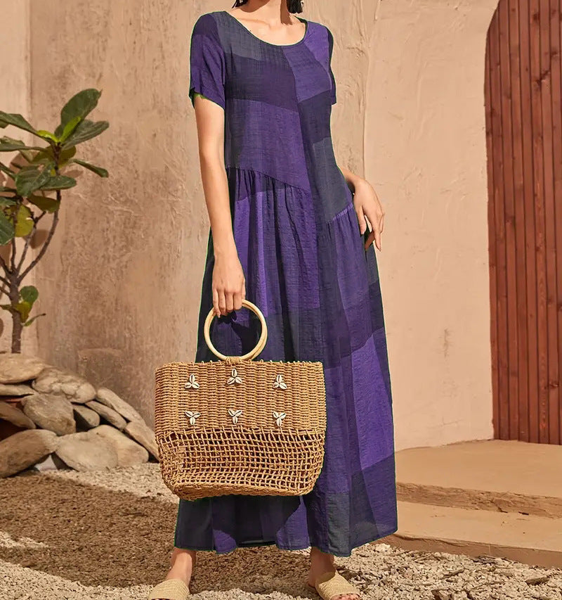 CM | Ladies Vestido largo - Línea A Corte holgado - Algodón - Estampado a cuadros - Manga corta Casual