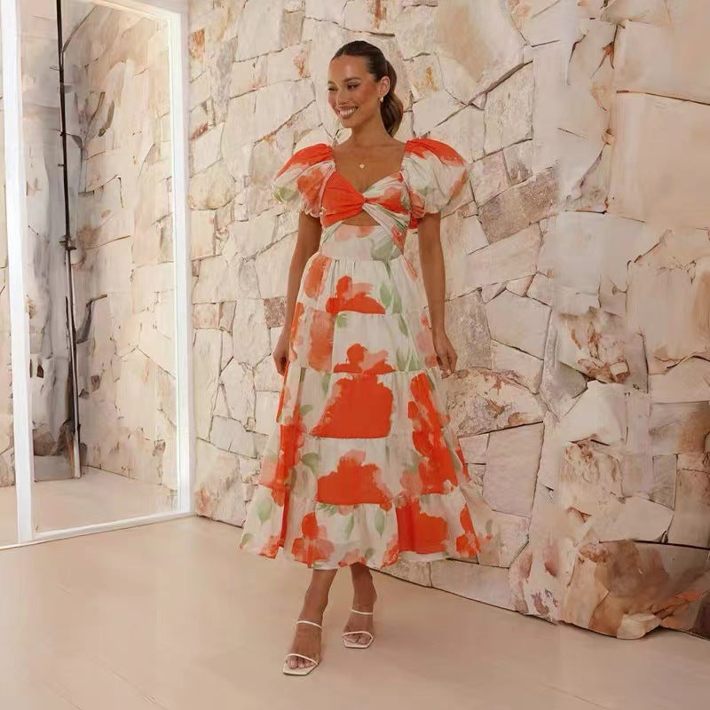CM | Maxivestido de mujer - Algodón ligero - Mangas abullonadas - Pecho fruncido - Corte vaporoso