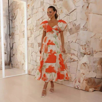 CM | Maxivestido de mujer - Algodón ligero - Mangas abullonadas - Pecho fruncido - Corte vaporoso