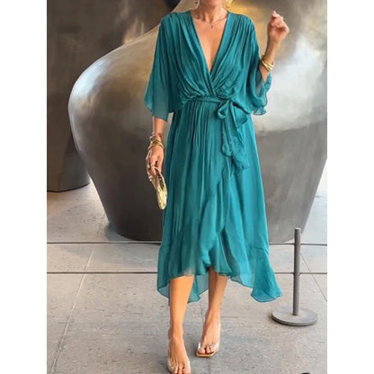 CM | Maxivestido de mujer - Corte holgado - Mangas murciélago - Cinturón de anudar - Bajo asimétrico