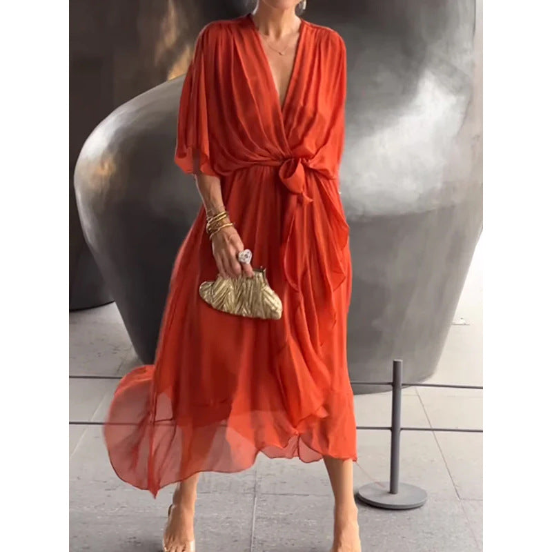 CM | Maxivestido de mujer - Corte holgado - Mangas murciélago - Cinturón de anudar - Bajo asimétrico