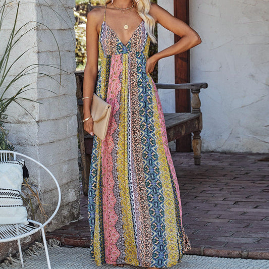 CM | Maxivestido de mujer - Mezcla de algodón - Corte holgado - Cuello de pico - Espalda descubierta - Estampado