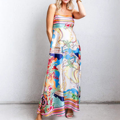 CM | Maxi Vestido de Mujer - Ajustado y Flare - Tirantes Espagueti - Atrevido Estampado Estilo Resort