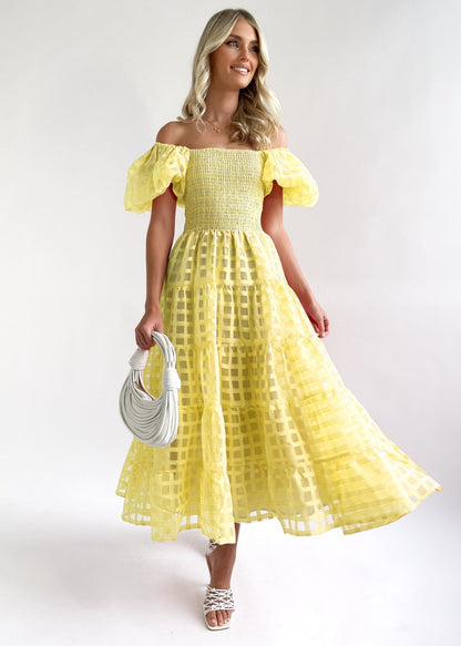 CM | Maxi vestido de mujer - hombros al descubierto - mangas abullonadas - cintura fruncida - falda con vuelo - mezcla transpirable