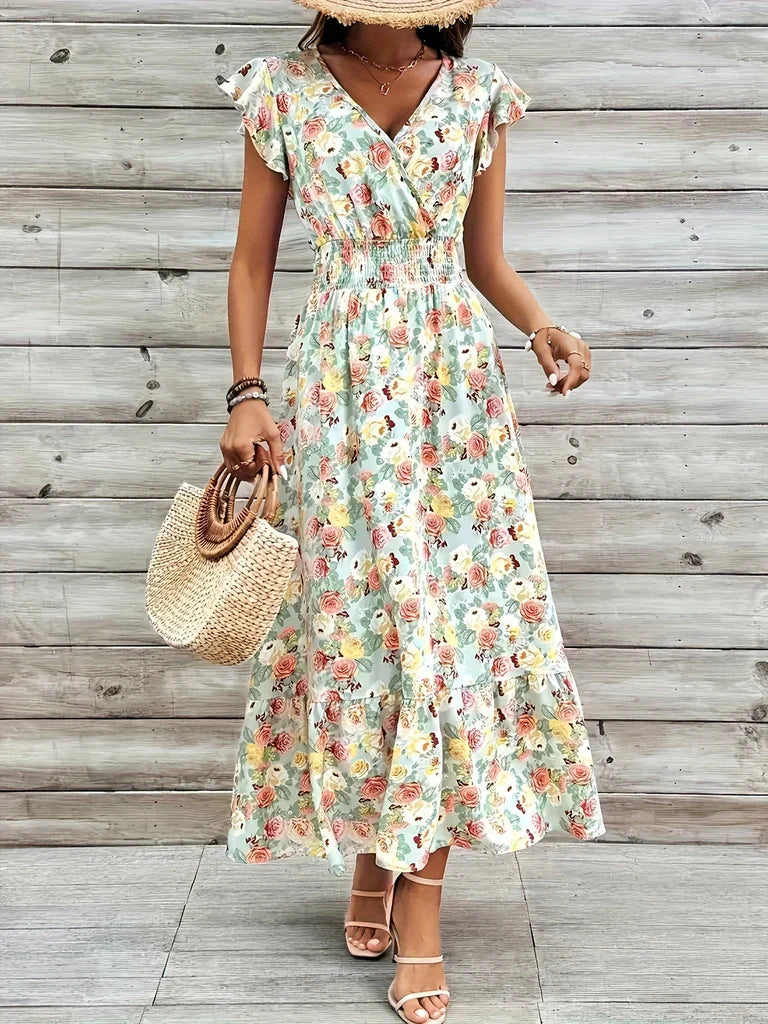 CM | maxi vestido de mujer - estampado floral - cuello en V - falda con vuelo - mangas volante - mezcla de algodón