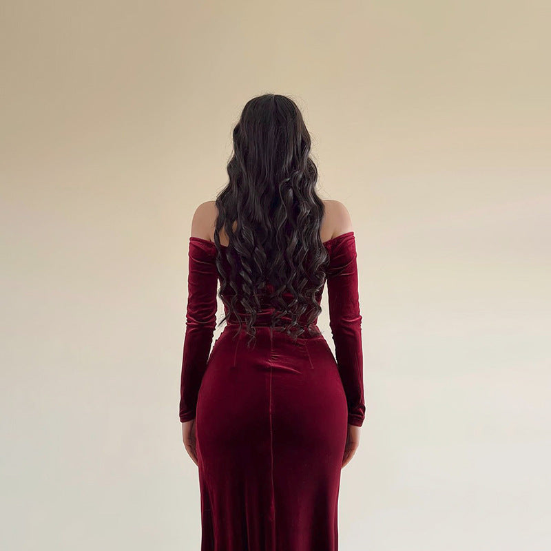 CM | Vestido largo para mujer - Terciopelo - Bodycon fit - Fuera del hombro - Cruzado sobre el busto - Abertura alta