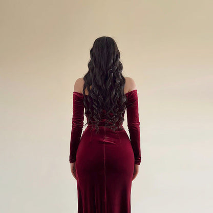 CM | Vestido largo para mujer - Terciopelo - Bodycon fit - Fuera del hombro - Cruzado sobre el busto - Abertura alta