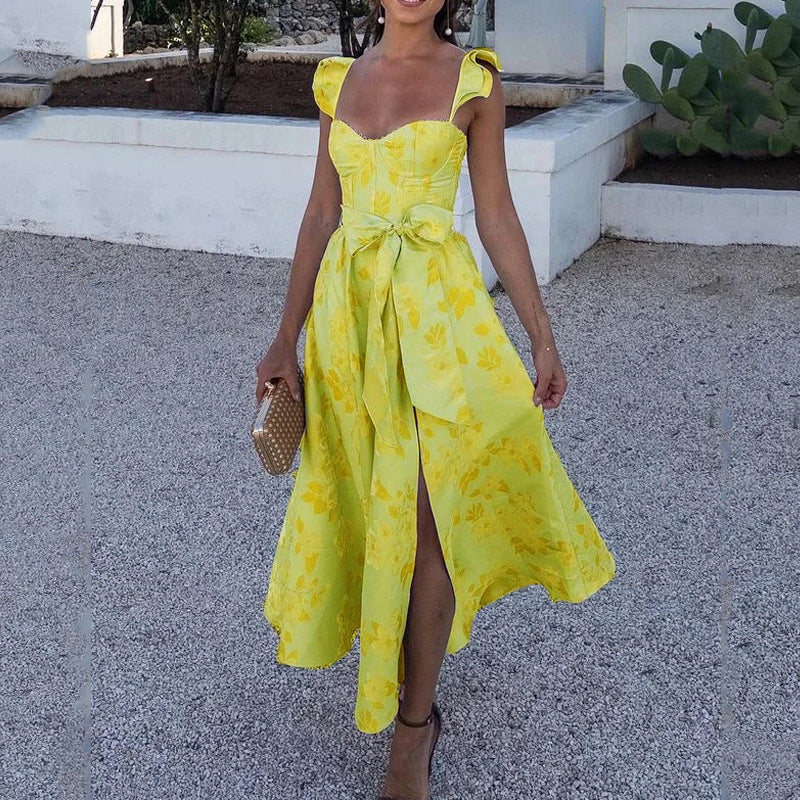 CM | Maxi Vestido de Mujer - Estampado Floral - Escote Corazón - Lazos - Algodón A-Line