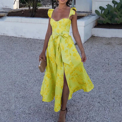 CM | Maxi Vestido de Mujer - Estampado Floral - Escote Corazón - Lazos - Algodón A-Line