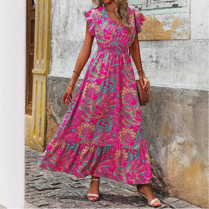 CM | maxi vestido de mujer - sin mangas - cuello en V - estampado floral - dobladillo en capas - corte holgado