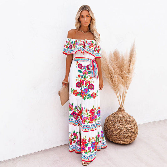 CM | maxi vestido de mujer - escote con volantes fuera del hombro - estampado floral - falda con volantes - cinturón en la cintura