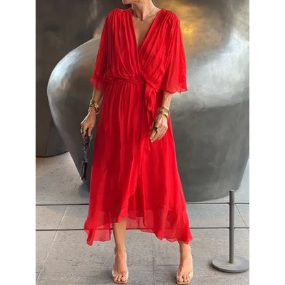 CM | Maxivestido de mujer - Corte holgado - Mangas murciélago - Cinturón de anudar - Bajo asimétrico