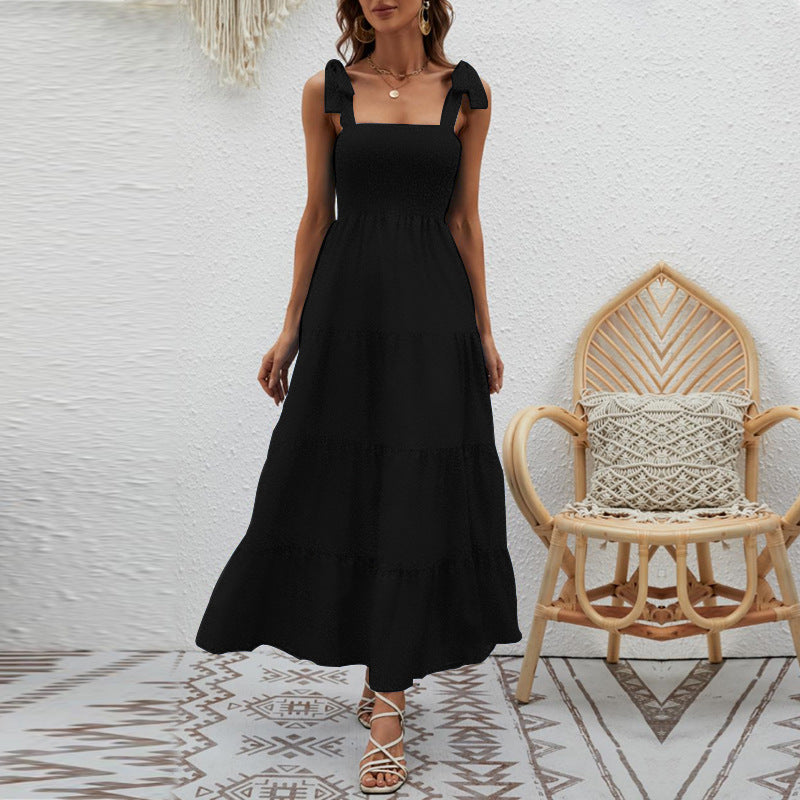 CM | Vestido largo de mujer - Top fruncido - Lazos de corbata - Falda con vuelo - Tacto de algodón