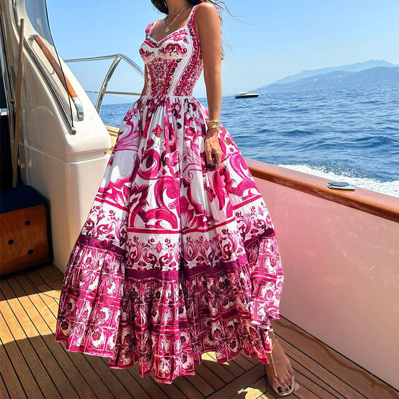 CM | maxi vestido de mujer - top entallado - falda con vuelo - mezcla transpirable - diseño estampado