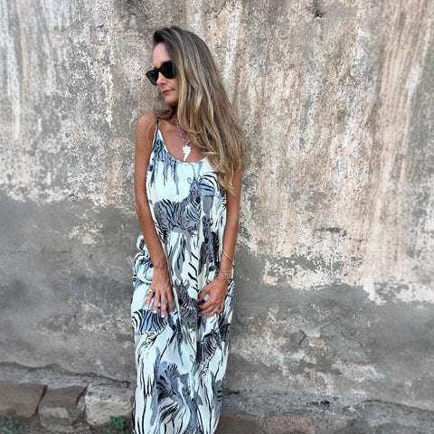 CM | Maxivestido de mujer - Corte relajado - Fibras naturales - Tirantes ajustables - Bolsillos - Estampado animal