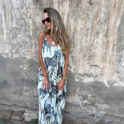 CM | Maxivestido de mujer - Corte relajado - Fibras naturales - Tirantes ajustables - Bolsillos - Estampado animal